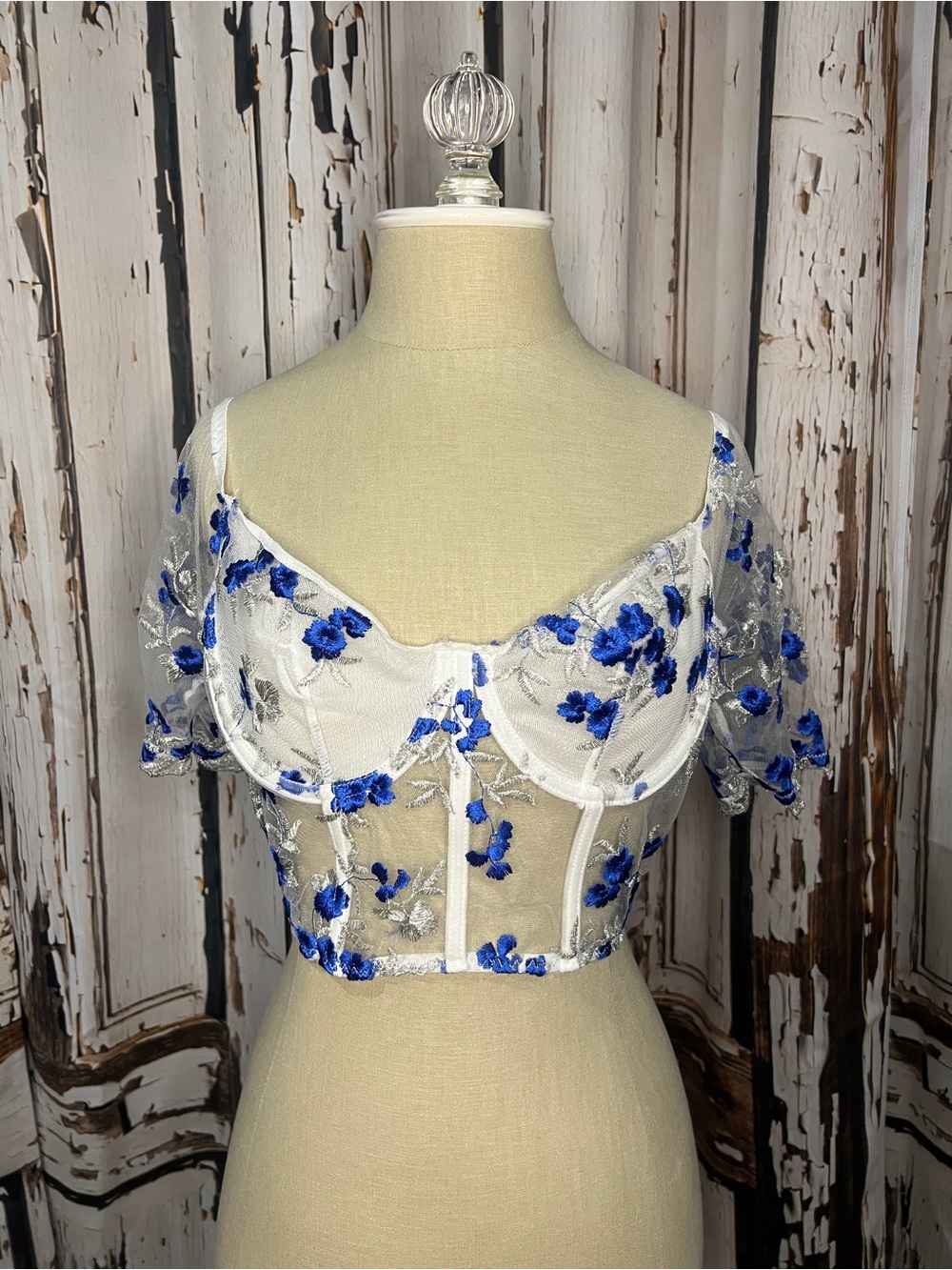 Rave Inspired White Sheer Embroidered Floral Bustier Top with Blue Flowers